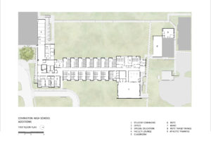 An architectural floor plan showing the first floor of the Covington High School additions. The plan includes a key that identifies different spaces such as the student commons, offices, special education rooms, and classrooms.
