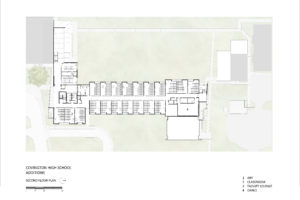An architectural floor plan showing the second floor of the Covington High School additions. The plan includes a key that identifies different spaces such as a gym, classrooms, and offices.