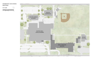 An architectural site plan showing the layout of the Covington High School additions. The plan includes the new and existing buildings, a baseball field, parking lots, and landscaping.