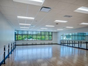 A bright and modern dance studio with a wood floor, large windows offering a view of trees, and mirrored walls. The room is equipped with ballet barres and is ready for dance or fitness classes.