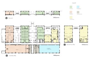 An architectural floor plan with a legend, showing the layout of the first and second floors of a building. The design includes various colored sections representing different rooms and functions.