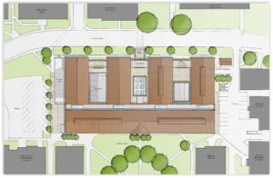 An architectural rendering or blueprint of a large building complex from a top-down view, showing multiple structures, walkways, and landscaping including trees and parking lots.