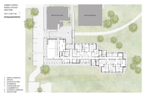 An architectural floor plan showing the first floor layout of the Champ Cooper Elementary School addition, including a legend with numbered spaces for a dining hall, offices, classrooms, and outdoor areas.