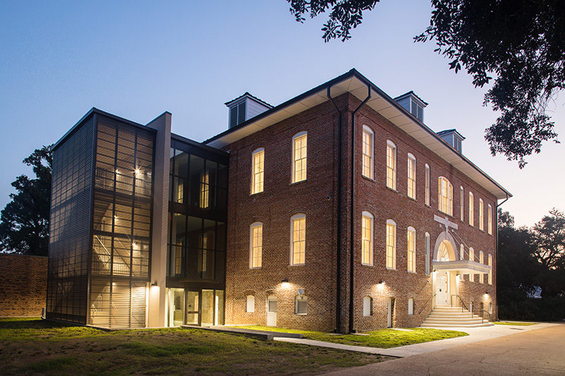 angle shot at night featuring the newly added side stairway